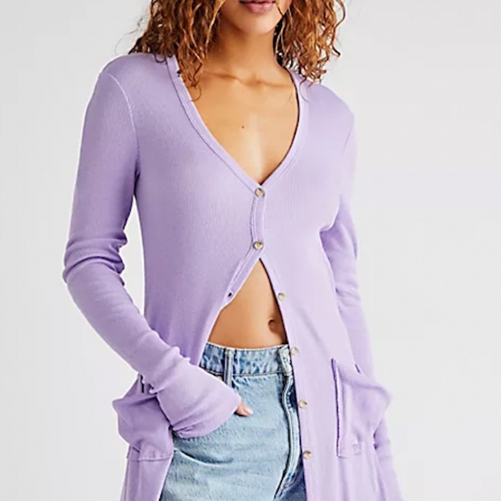 Free People Ribbed Up Maxi Women’s Size Small Lavender Long Cardigan - Picture 2 of 7